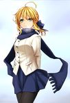  ahoge arms_behind_back artoria_pendragon_(all) black_legwear blonde_hair blue_scarf blush breath coat fate/stay_night fate_(series) green_eyes hair_ribbon harino646 long_sleeves pantyhose ribbon saber scarf short_hair skirt solo 