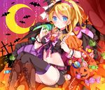  ayase_eli bat bat_wings black_legwear blonde_hair blue_eyes candy candy_cane crescent crescent_moon cross detached_collar food halloween hat holding jack-o'-lantern lollipop long_hair looking_at_viewer love_live! love_live!_school_idol_project mogu_(au1127) moon navel ponytail sitting smile solo thighhighs wings witch_hat wrist_cuffs 