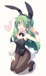  animal_ears bow bowtie breasts bunny_ears bunny_girl bunny_tail bunnysuit cleavage detached_collar frog_hair_ornament green_eyes green_hair hair_ornament hair_tubes heart high_heels kneeling kochiya_sanae long_hair looking_at_viewer medium_breasts one_eye_closed open_mouth pantyhose satou_kibi simple_background smile solo tail touhou wrist_cuffs 