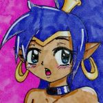  anime beige_skin better_version_at_source blue_hair bust_portrait collar ear_piercing eyebrows eyelashes female genie hair humanoid mammal not_furry open_mouth piercing pointy_ears ponytail portrait raku99 shantae shantae_(series) solo traditional_media_(artwork) 