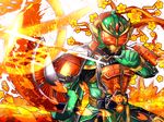  armor belt cherry_blossoms food fruit kamen_rider kamen_rider_gaim_(series) kamen_rider_ryugen male_focus mask nomayo orange solo sword weapon 