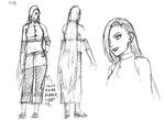  1girl earrings female fishnets from_behind hair_over_one_eye hand_on_hip jewelry kishimoto_masashi long_hair looking_at_viewer monochrome naruto naruto:_the_last navel ninja official_art sandals sketch skirt translation_request very_long_hair yamanaka_ino 