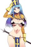  armor bikini_armor blue_eyes blue_hair blush breasts cowboy_shot cross dragon_quest dragon_quest_iii gloves groin hat large_breasts loincloth looking_up mizuryuu_kei navel no_panties pelvic_curtain polearm priest_(dq3) shoulder_pads simple_background solo sweat weapon white_background 