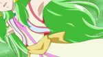  armpits choker cure_empress dokidoki!_precure fake_screenshot green_background green_hair hair_tubes japanese_clothes long_hair magical_girl moritakusan out_of_frame precure sidelocks solo 