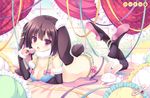  animal_ears bed boots bra brown_eyes brown_hair bunny bunny_ears bunny_tail cookie food holding long_hair looking_at_viewer lying macaron md5_mismatch navel on_stomach open_mouth original panties polka_dot polka_dot_bra polka_dot_panties ribbon solo tail thigh_boots thighhighs tsukishima_yuuko underwear underwear_only 