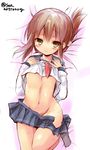  :&gt; blush brown_hair folded_ponytail hands_on_own_chest inazuma_(kantai_collection) kantai_collection midriff navel sen_(astronomy) shirt_lift skirt skirt_pull solo twitter_username yellow_eyes 