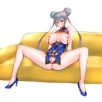  1girl blush breasts china_dress chinese_clothes double_bun dress highres long_hair looking_at_viewer nipple_piercing nipples original piercing purple_eyes pussy revealing_clothes silver_hair sitting solo spread_legs twintails uncensored vvv 