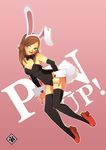  animal_ears black_legwear bow bowtie breasts brown_eyes brown_hair bunny_ears bunny_girl bunny_tail bunnysuit cleavage detached_sleeves fake_animal_ears full_body heart long_hair medium_breasts nail_polish original red_footwear ronron-ron shoes solo tail thighhighs wrist_cuffs 