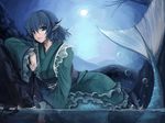  against_rock blue_eyes blue_hair bubble frilled_kimono frills head_fins japanese_clothes kimono lying mermaid monster_girl obi parted_lips partially_submerged sash sky solo touhou tree_branch tsuizi wakasagihime water 