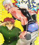  anz blue_eyes blush boxers earrings grey_hair heart heart_print jean_pierre_polnareff jewelry jojo_no_kimyou_na_bouken kakyouin_noriaki male_focus male_underwear multiple_boys pants_down parody pun purple_eyes red_hair underwear 