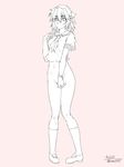  bottomless breasts covering covering_crotch full_body lineart loafers md5_mismatch medium_breasts mizuhashi_parsee monochrome navel ootsuki_wataru pigeon-toed pointy_ears school_uniform serafuku shoes short_hair socks solo standing touhou 