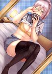  aoba_(kantai_collection) bed bra breasts cellphone cleavage huge_breasts kantai_collection lamp miyoshi_(triple_luck) navel phone pink_hair skirt solo thighhighs underwear v 