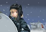  bangs blonde_hair blue_eyes breath buttons commentary emblem girls_und_panzer grin ground_vehicle hatch helmet katyusha longmei_er_de_tuzi looking_at_viewer military military_uniform military_vehicle motor_vehicle older outdoors pravda_(emblem) short_hair sketch smile snow snowing soldier solo t-34 tank turtleneck uniform upper_body world_war_ii 