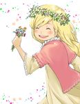  blonde_hair bouquet casual closed_eyes dress flower frilled_sleeves frills hanamoto_hagumi happy haru_(d) holding honey_and_clover long_hair smile solo wide_sleeves wreath 