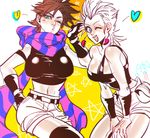  anz breasts brown_hair earrings freckles genderswap genderswap_(mtf) grey_hair jean_pierre_polnareff jewelry jojo_no_kimyou_na_bouken joseph_joestar_(young) large_breasts midriff multiple_girls one_eye_closed scarf sketch thighhighs 