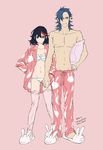  1girl animal_slippers black_hair blue_eyes blue_hair bra bunny_slippers couple height_difference hetero highres holding_hands ichiko_(kimini) kill_la_kill matoi_ryuuko mikisugi_aikurou multicolored_hair navel oversized_clothes oversized_shirt pajamas panties pillow pink_background shirt shirtless short_hair slippers streaked_hair striped striped_bra striped_panties thighhighs underwear 