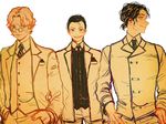  3boys absurdres alternate_costume brothers formal freckles glasses highres kkm909 male male_focus monkey_d_luffy multiple_boys necktie one_piece pinstripe_pattern portgas_d_ace sabo_(one_piece) scar siblings trio waistcoat 