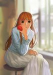  569_(hyohyo) apple bangs blunt_bangs blurry brown_hair casual food fruit green_eyes highres holding honey_and_clover long_hair long_skirt long_sleeves open_mouth skirt solo white_skirt yamada_ayumi 
