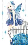  blue_dress blue_eyes butterfly_wings cage dress flower hair_ornament long_hair looking_at_viewer natsume3304 original rose shoes sitting solo white_hair wings 