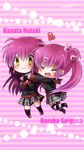  closed_eyes futaki_kanata heart hug little_busters! long_hair miyoshi_yun multiple_girls purple_hair saigusa_haruka school_uniform side_ponytail striped striped_legwear thighhighs yellow_eyes 