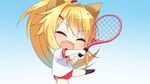  1girl amagi_karin animal_ears blonde_hair eyes_closed fox_ears game_cg long_hair magical_marriage_lunatics!! moonstone ribbon tennis yamakaze_ran 