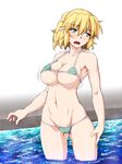  bikini blonde_hair blush breast_expansion breasts cameltoe cleavage covered_nipples embarrassed green_eyes large_breasts looking_away lowleg lowleg_bikini md5_mismatch micro_bikini mizuhashi_parsee navel ootsuki_wataru pointy_ears short_hair solo standing striped striped_bikini swimsuit touhou underboob wading water 