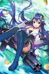  :d bare_shoulders black_gloves black_legwear blue_hair boots breasts brooch choker cleavage coin flower gatling_gun glint gloves gun hair_flower hair_ornament jewelry large_breasts long_hair midair multicolored_hair open_mouth original purple_eyes purple_hair smile solo thigh_boots thighhighs tob two-tone_hair very_long_hair weapon 