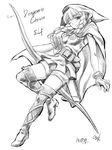  ;) arrow bad_source belt boots bow_(weapon) braid breasts cloak dragon's_crown elf elf_(dragon's_crown) gloves greyscale long_hair monochrome one_eye_closed ootsuki_wataru pointy_ears quiver shorts sketch small_breasts smile solo thigh_boots thighhighs tunic twin_braids weapon 