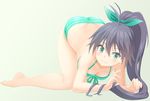  all_fours ass bikini black_hair breasts cleavage front-tie_top ganaha_hibiki green_eyes high_ponytail highres idolmaster idolmaster_(classic) light_smile long_hair looking_at_viewer ponytail small_breasts striped striped_bikini swimsuit taka_(takahirokun) top-down_bottom-up 