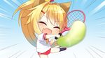  1girl amagi_karin animal_ears blonde_hair eyes_closed fox_ears game_cg long_hair magical_marriage_lunatics!! moonstone ribbon tennis yamakaze_ran 