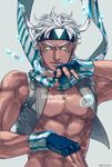  bubble caesar_anthonio_zeppeli facial_mark feathers fighting_stance glowing glowing_eyes green_eyes hair_feathers headband jojo_no_kimyou_na_bouken male_focus open_clothes open_vest solo vest white_hair yamu1620 
