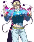  back-to-back blonde_hair bloody_stream bubble caesar_anthonio_zeppeli facial_mark green_eyes happy_birthday headband jacket jojo_no_kimyou_na_bouken joseph_joestar_(young) multiple_boys purple_jacket yamu1620 