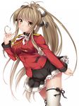  aiguillette amagi_brilliant_park antenna_hair blush bow breasts brown_eyes brown_hair coat hair_bow hair_tousle heart heart_hair highres long_hair looking_at_viewer medium_breasts military military_uniform nanamiya ponytail red_coat sento_isuzu simple_background solo thighhighs uniform very_long_hair white_background white_legwear zettai_ryouiki 