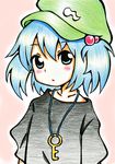  alternate_costume bad_id bad_pixiv_id black_shirt blue_eyes blue_hair blush colored_pencil_(medium) gradient_clothes hat highres jewelry kawashiro_nitori key key_necklace looking_at_viewer meme-tan_(bana_nan26) necklace pink_background shirt short_sleeves simple_background solo touhou traditional_media two_side_up 