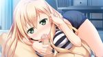  1boy 1girl adjusting_hair ano_ko_wa_ore_kara_hanarenai artist_request bed black_panties blonde_hair blush bra censored character_request cum fellatio game_cg giga green_eyes long_hair naruse_manami_(ano_ko_wa_ore_kara_hanarenai) niro oral panties shorts source_request striped striped_bra underwear usume_shirou 