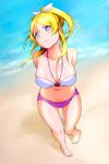  ayase_eli bare_shoulders beach bikini blonde_hair blue_eyes breasts cleavage day earrings highres jewelry large_breasts love_live! love_live!_school_idol_project navel o-ring o-ring_top ponytail smile solo striped striped_bikini swimsuit yuuki1103 