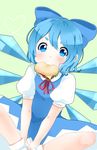  blue_eyes blue_hair blush bow cirno commentary eating food food_in_mouth green_background hair_bow hamburger heart mouth_hold nashira_(shioiri) short_hair simple_background solo touhou wings 