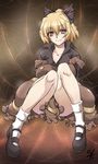  blonde_hair bow breasts brown_eyes dress hair_bow kurodani_yamame large_breasts making_of mary_janes md5_mismatch ootsuki_wataru pigeon-toed popped_collar shoes short_hair sitting smile socks solo strap_slip touhou 