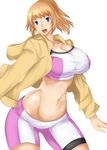  bike_shorts blue_eyes breasts brown_hair gundam gundam_build_fighters gundam_build_fighters_try hoshino_fumina jacket large_breasts midriff navel short_hair simple_background solo umino_mokuzu_(a4_size) white_background 