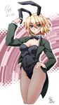 :c animal_ears blonde_hair blush bow bowtie breasts bunny_ears bunny_girl bunnysuit cleavage contrapposto cropped_legs detached_collar fishnet_pantyhose fishnets green_eyes hand_on_hip jacket large_breasts mizuhashi_parsee ootsuki_wataru pantyhose pointy_ears short_hair solo standing tailcoat touhou 