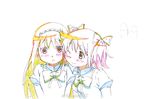  akemi_homura blush bow cheek-to-cheek color_trace hair_ribbon hairband kaname_madoka key_frame long_hair luminous_(madoka_magica) mahou_shoujo_madoka_magica mahou_shoujo_madoka_magica_movie multiple_girls official_art one_eye_closed ribbon short_hair smile surprised twintails 