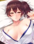  bare_shoulders blush breasts breasts_apart brown_eyes brown_hair collarbone jewelry kaga_(kantai_collection) kantai_collection large_breasts light_smile looking_at_viewer lying off_shoulder on_back on_bed ring rockmanwjh seductive_smile side_ponytail smile solo sweat upper_body 