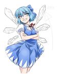 blue_dress blue_eyes blue_hair bow breasts cirno cowboy_shot cropped_legs crossed_arms dress grin hair_bow ice ice_wings md5_mismatch ootsuki_wataru short_hair small_breasts smile smirk solo touhou wings 