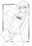  arms_behind_back blush breasts collarbone covered_navel greyscale large_breasts lineart mizuhashi_parsee monochrome one-piece_swimsuit ootsuki_wataru pointy_ears school_swimsuit short_hair solo swimsuit thighhighs touhou wet wet_clothes wet_swimsuit 