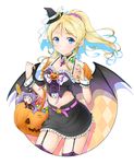  ayase_eli bat_wings belt blonde_hair blue_eyes candy choker costume crop_top dancing_stars_on_me! detached_collar food garter_straps halloween hat jack-o'-lantern love_live! love_live!_school_idol_project mini_hat navel pink_scrunchie ponytail purple_hair ratryu scrunchie skirt thighhighs toujou_nozomi twintails white_background wings witch_hat wrist_cuffs 