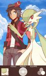  bad_id bad_tumblr_id bag black_hair calme_(pokemon) fedora gardevoir gen_3_pokemon grey_eyes hands_in_pockets hat highres jacket open_mouth pokemon pokemon_(creature) pokemon_(game) pokemon_xy red_eyes sally_(luna-arts) shoulder_bag smile 