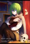  bad_id bad_twitter_id blue_eyes blush cape erubo green_hair hug looking_at_viewer open_mouth original picture_frame skull 