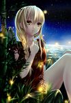  absurdres bad_id bad_pixiv_id bamboo blonde_hair clouble fireflies highres night solo yellow_eyes 