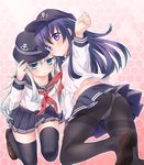  akatsuki_(kantai_collection) ass black_hair black_legwear blue_eyes blush crotch_seam hat hibiki_(kantai_collection) kantai_collection loafers long_hair looking_at_viewer multiple_girls panties panties_under_pantyhose pantyhose purple_eyes sasachin_(k+w) school_uniform serafuku shoes silver_hair skirt thighband_pantyhose thighhighs underwear white_panties zettai_ryouiki 