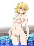  :c bikini blonde_hair blush breast_expansion breasts cameltoe cleavage green_eyes lowleg lowleg_bikini md5_mismatch medium_breasts micro_bikini mizuhashi_parsee navel ootsuki_wataru pointy_ears short_hair solo standing striped striped_bikini swimsuit touhou underboob wading water 